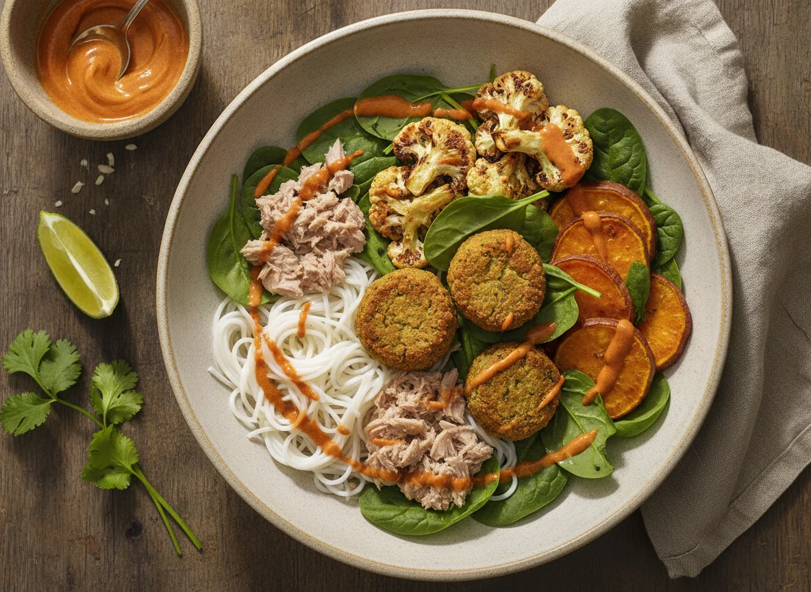 Bol de fideos de arroz con atún, falafel y verduras photo