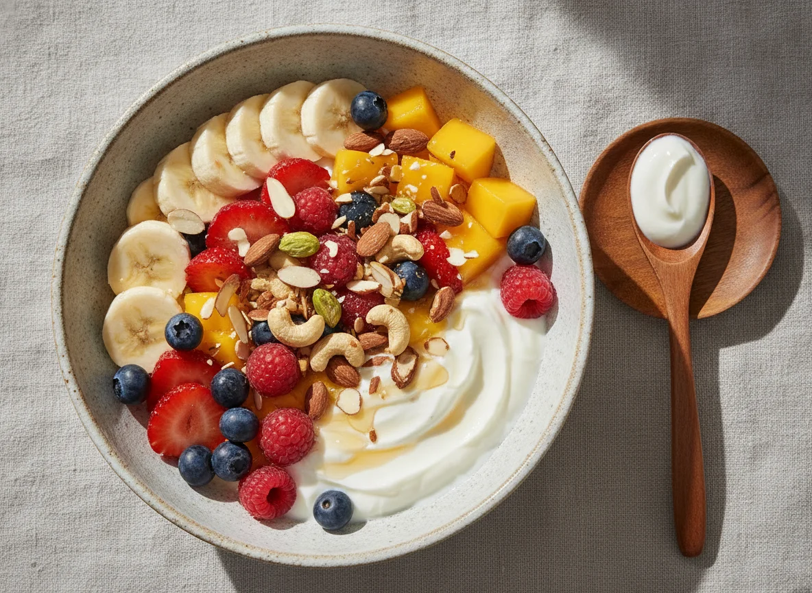 Bol de frutas con yogur y frutos secos photo