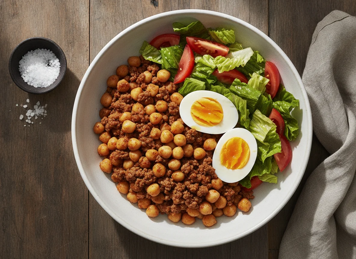 Bol de garbanzos, carne picada, huevo y ensalada photo