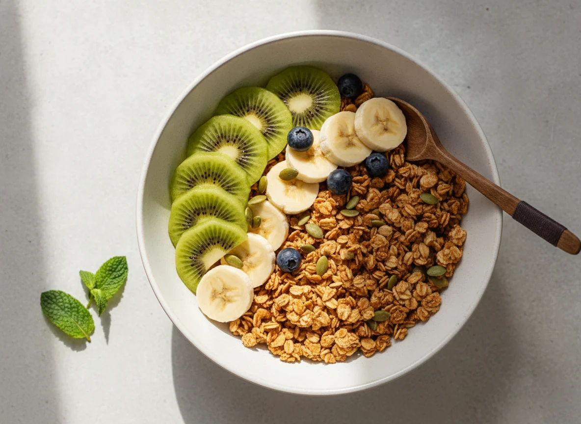 Bol de granola con kiwi y plátano photo