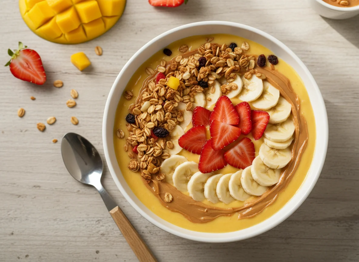 Bol de kéfir de mango con fresas, plátano, granola y crema de cacahuete photo