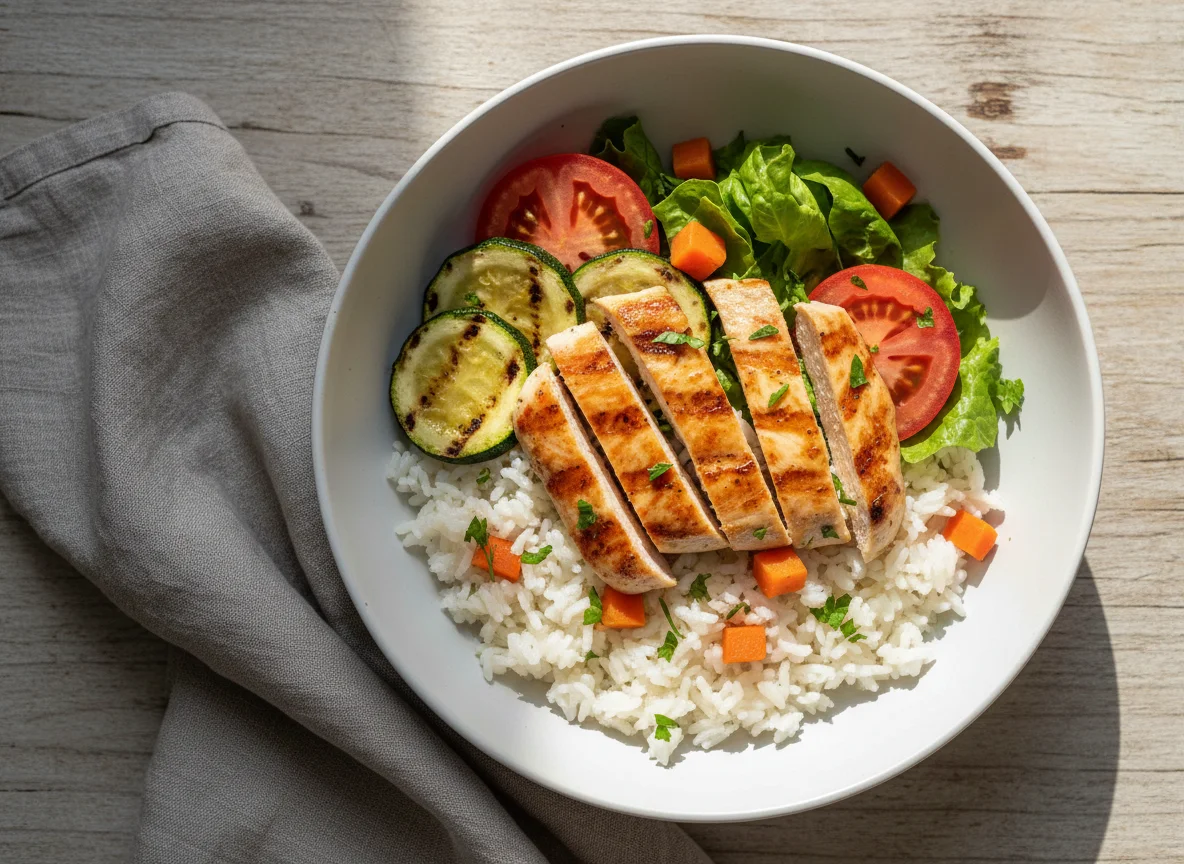 Bol de pollo a la plancha con arroz y verduras photo