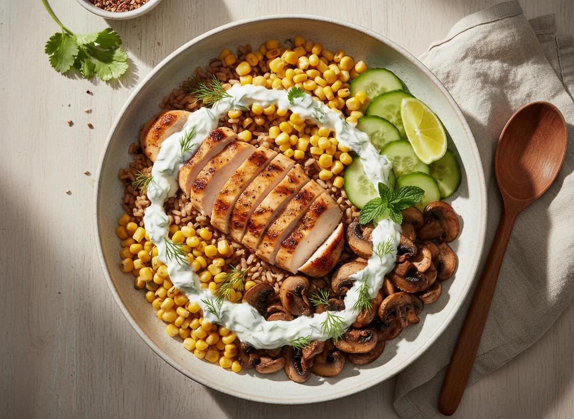 Bol de pollo con arroz y verduras photo