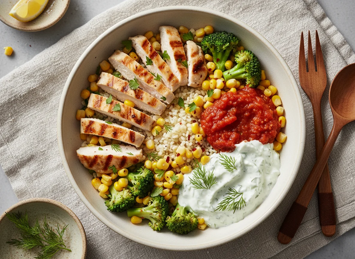Bol de pollo con coliflor y verduras photo
