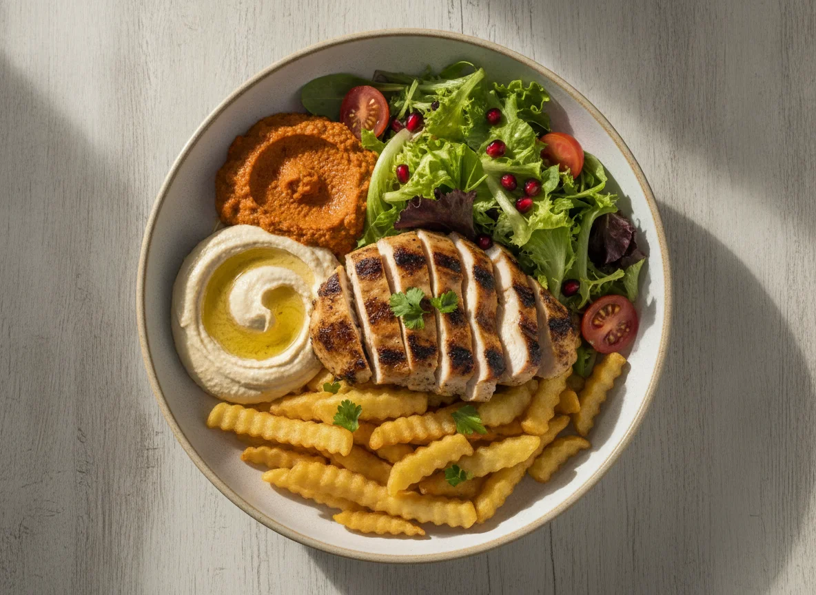 Bol de pollo con patatas fritas, hummus y ensalada photo
