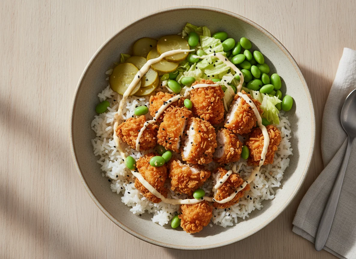 Bol de pollo crujiente con arroz y pepinillos photo