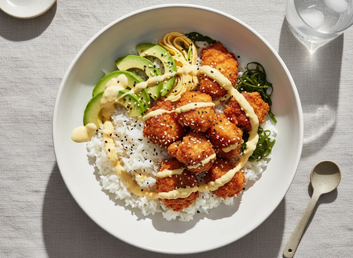 Bol de pollo frito con aguacate y salsa photo