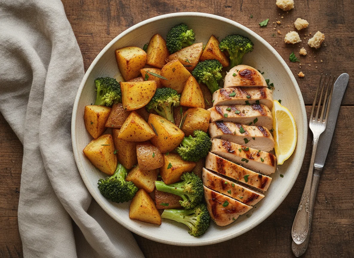 Bol de pollo, patatas y brócoli photo