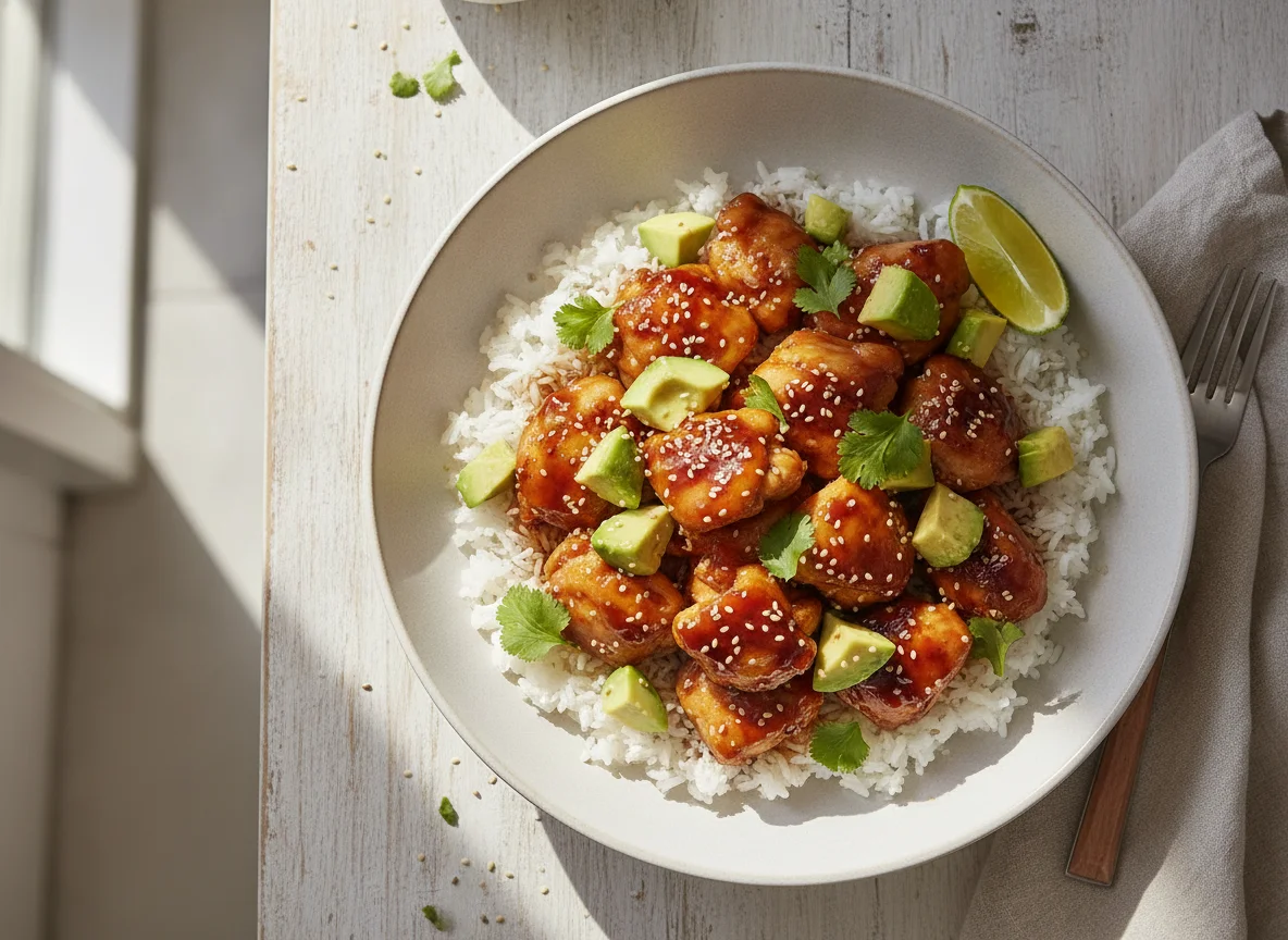 Bol de pollo teriyaki con arroz y aguacate photo