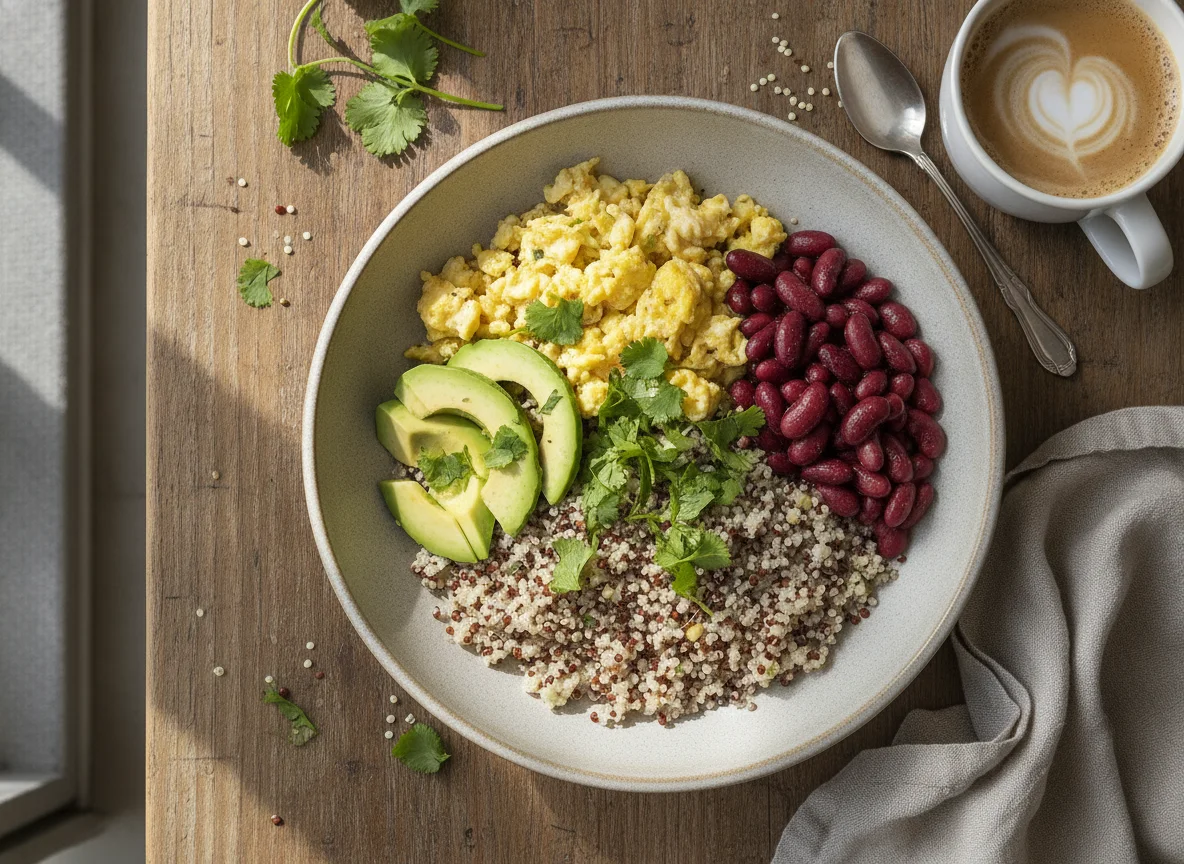 Bol de quinoa con huevo revuelto, aguacate y alubias rojas photo