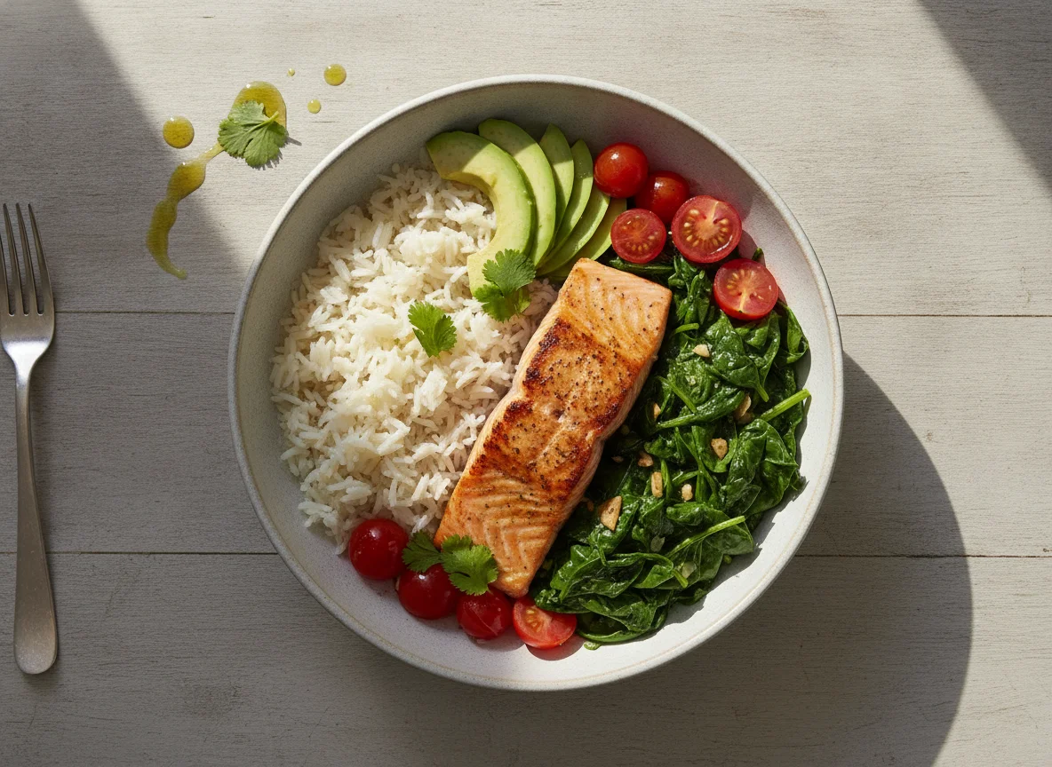 Bol de salmón, arroz basmati, aguacate y tomates cherry photo