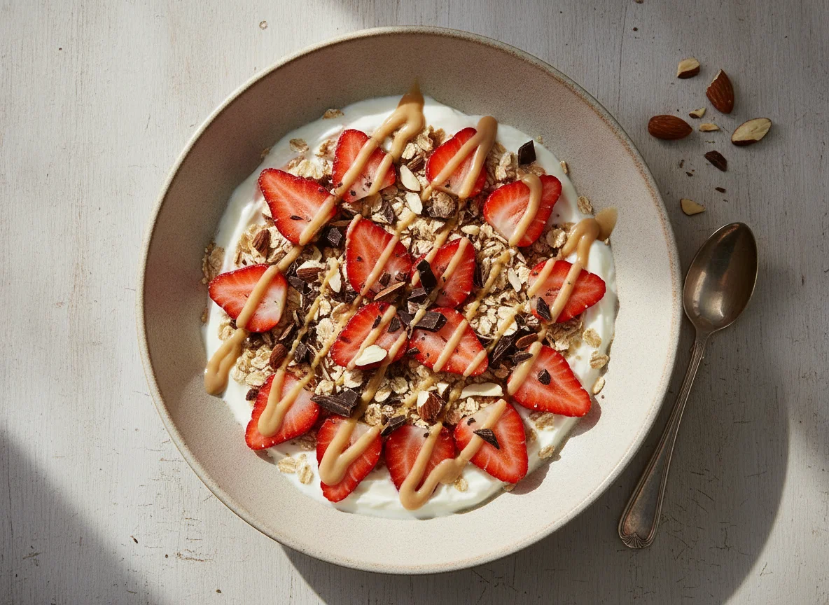 Bol de yogur con avena, fresas, almendras y chocolate photo