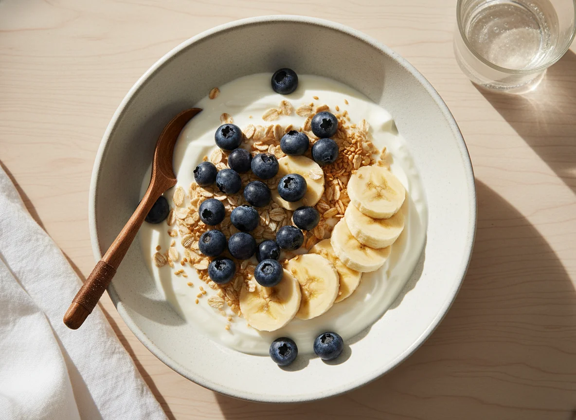 Bol de yogur con avena y frutas photo