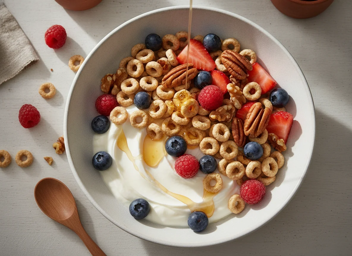 Bol de yogur con cereales, frutos rojos y nueces photo