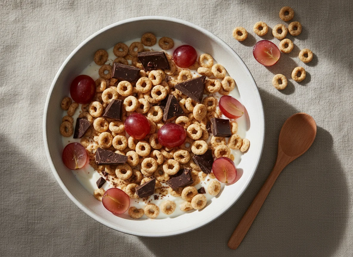 Bol de yogur con cereales, uvas y chocolate photo