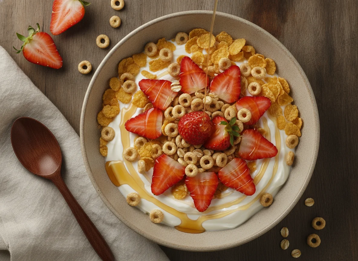 Bol de yogur con cereales y fresas photo