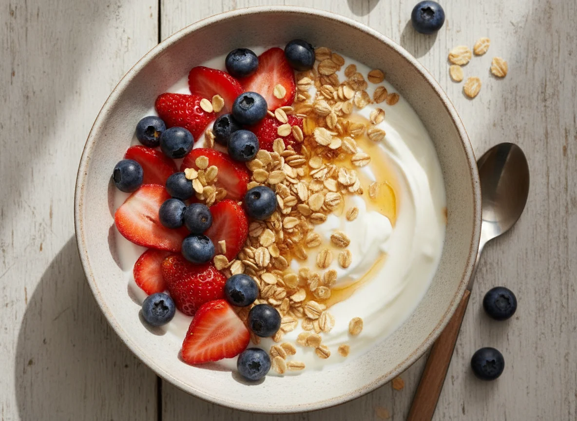Bol de yogur con fresas, arándanos y avena photo
