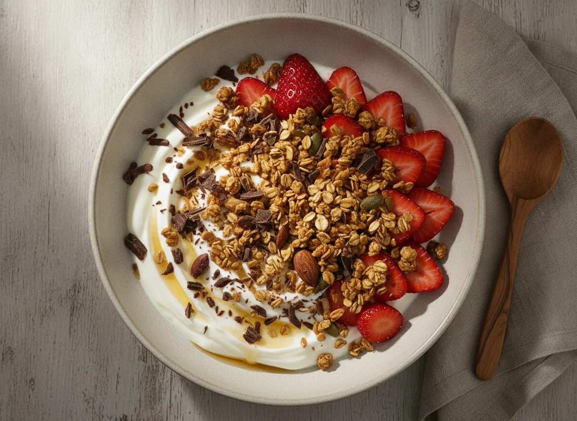 Bol de yogur con fresas, granola y chocolate photo