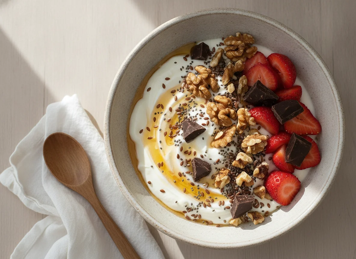 Bol de yogur con fresas, nueces y semillas photo