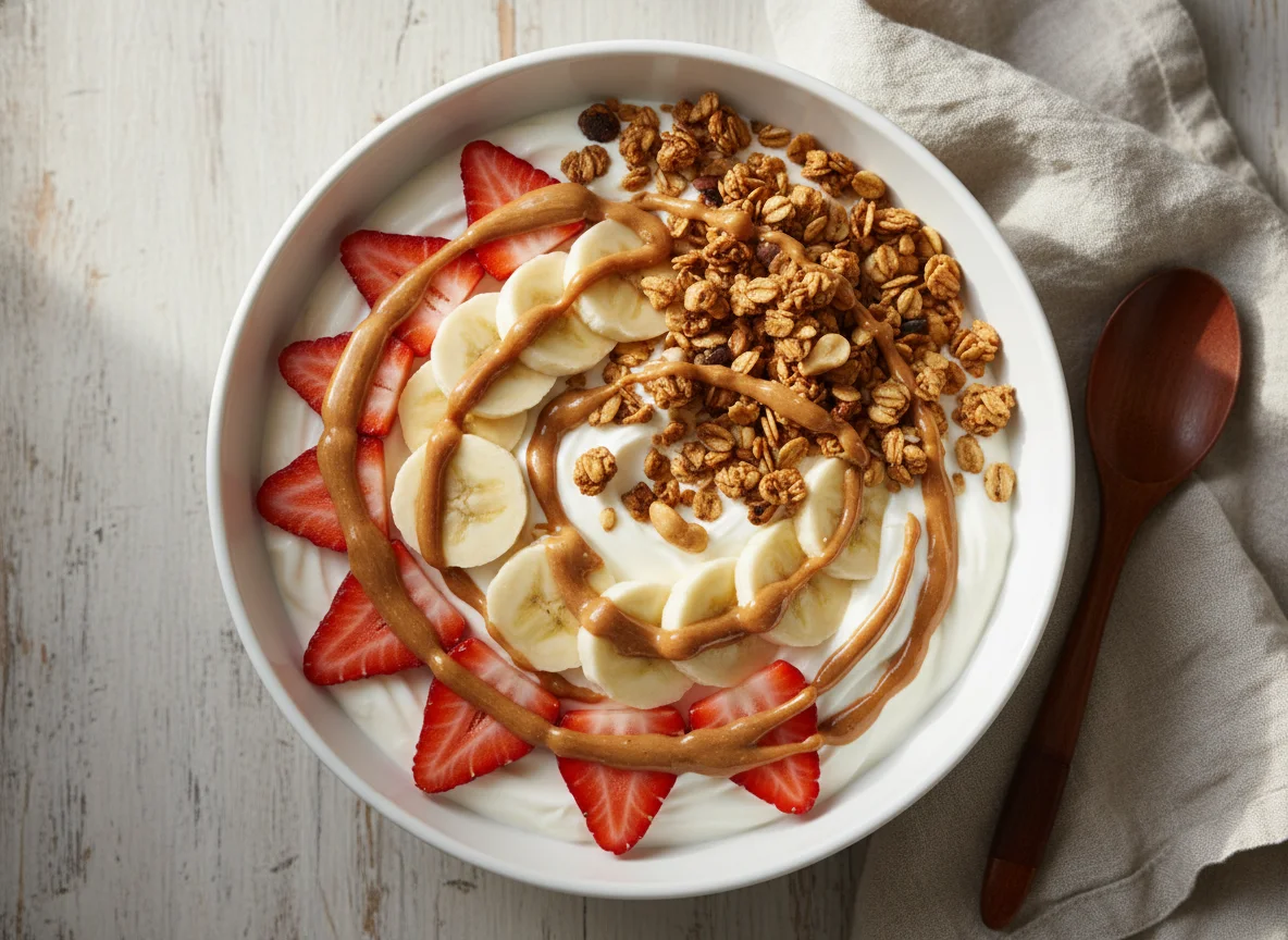 Bol de yogur con fresas, plátano, granola y crema de cacahuete photo