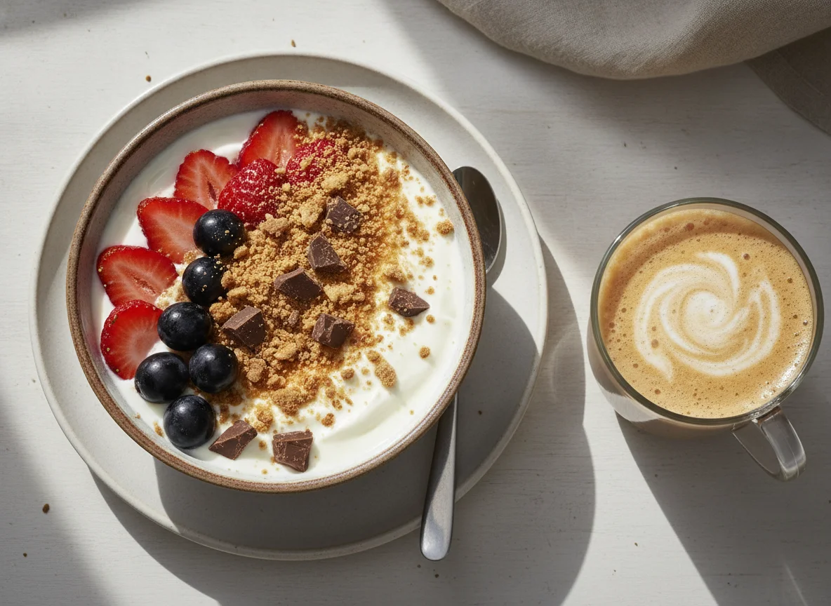 Bol de yogur con frutas, galletas y café con leche photo