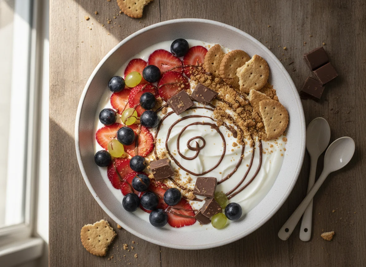 Bol de yogur con frutas, galletas y chocolate photo