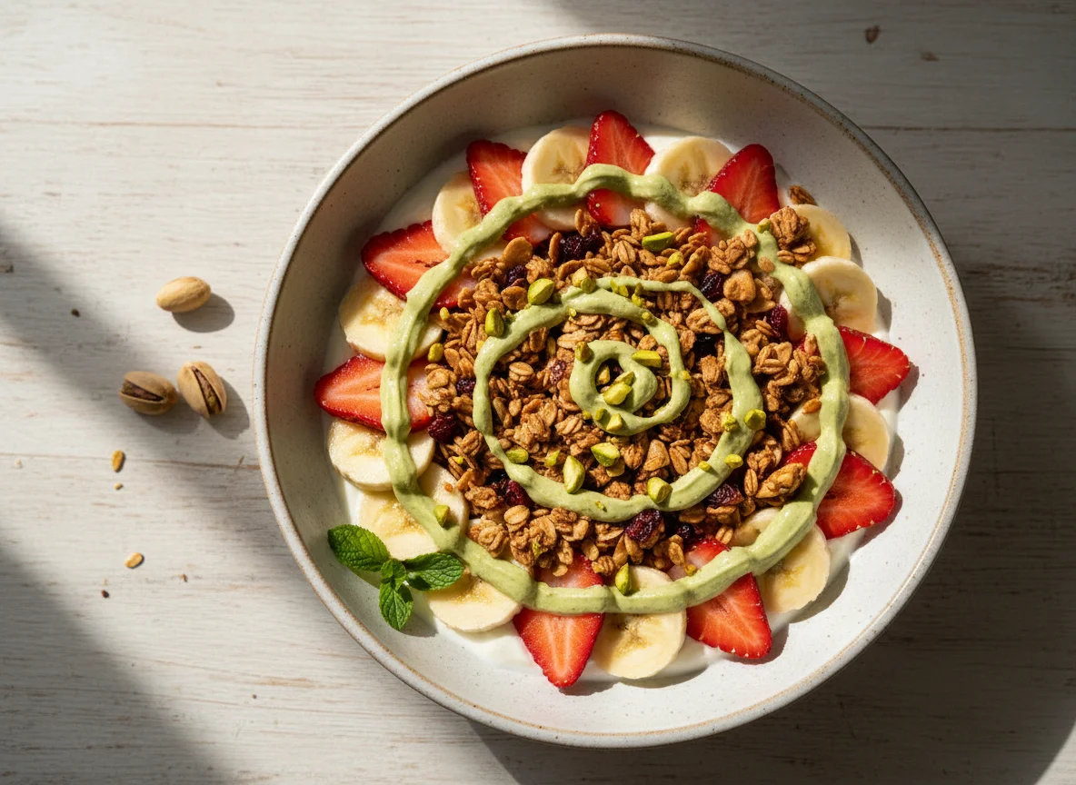 Bol de yogur con frutas, granola y crema de pistacho photo