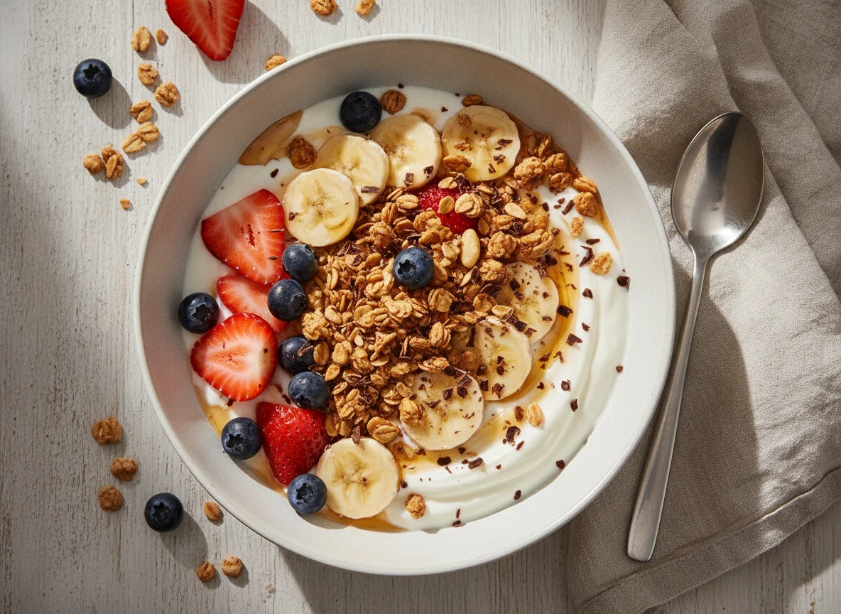 Bol de yogur con frutas, granola y miel photo