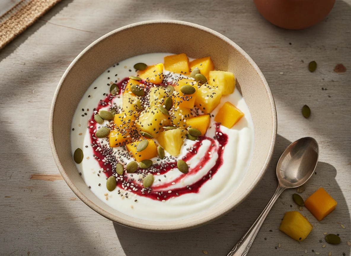 Bol de yogur con frutas, semillas y sirope photo