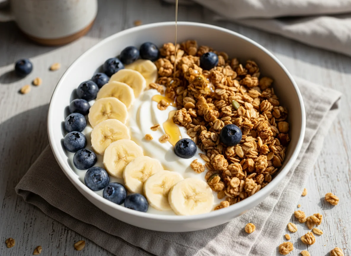 Bol de yogur con frutas y granola photo