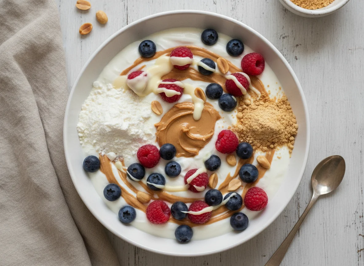 Bol de yogur con frutos rojos, proteína y cacahuete photo