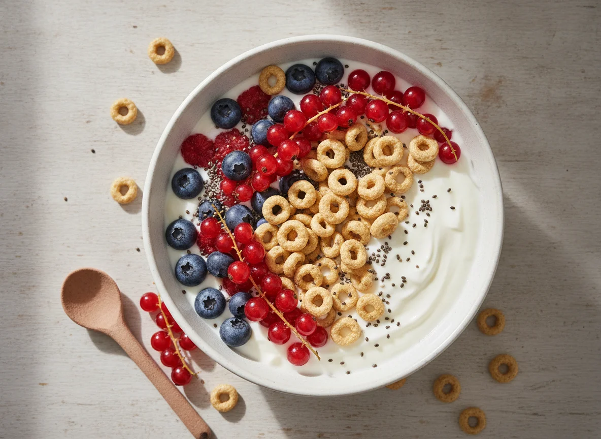Bol de yogur con frutos rojos y cereales de avena photo