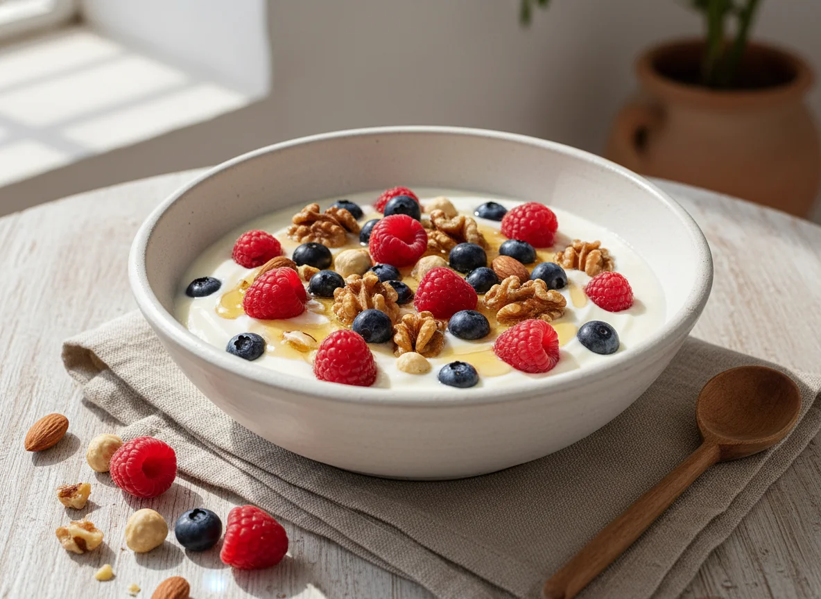 Bol de yogur con frutos rojos y frutos secos photo