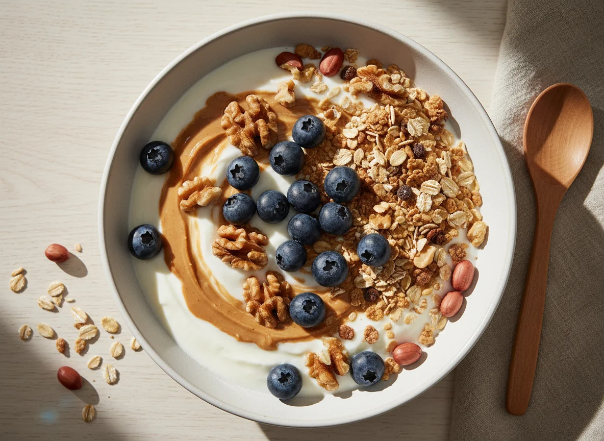 Bol de yogur con frutos secos y cereales photo
