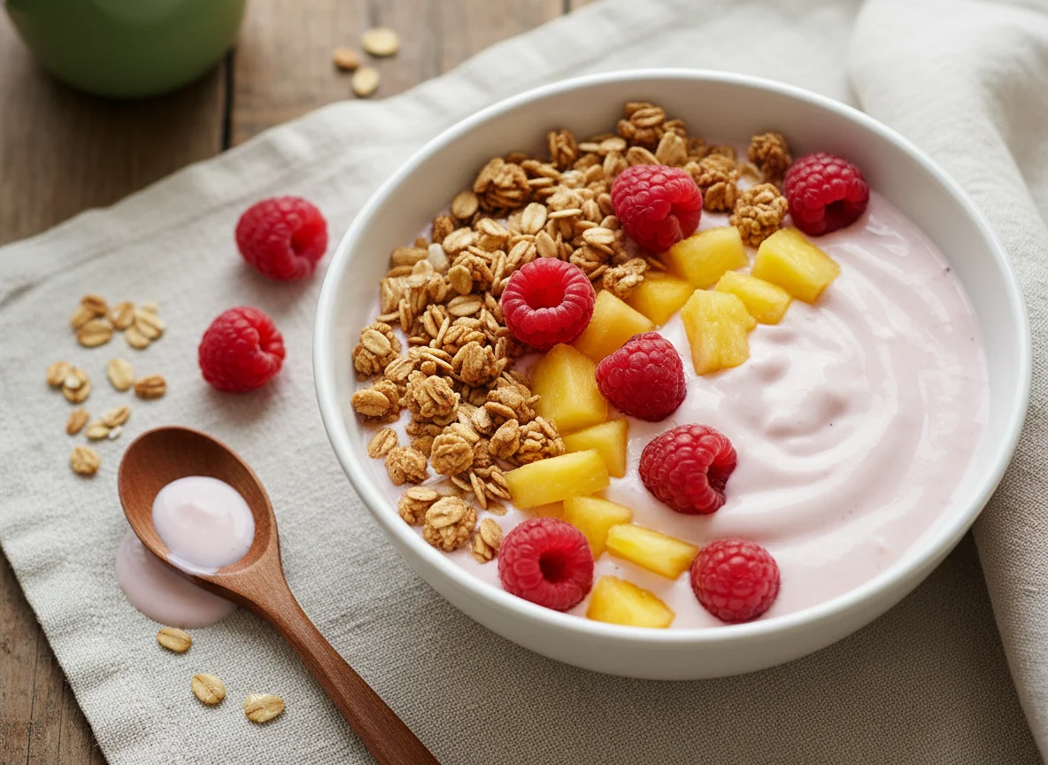 Bol de yogur con granola, piña y frambuesas photo