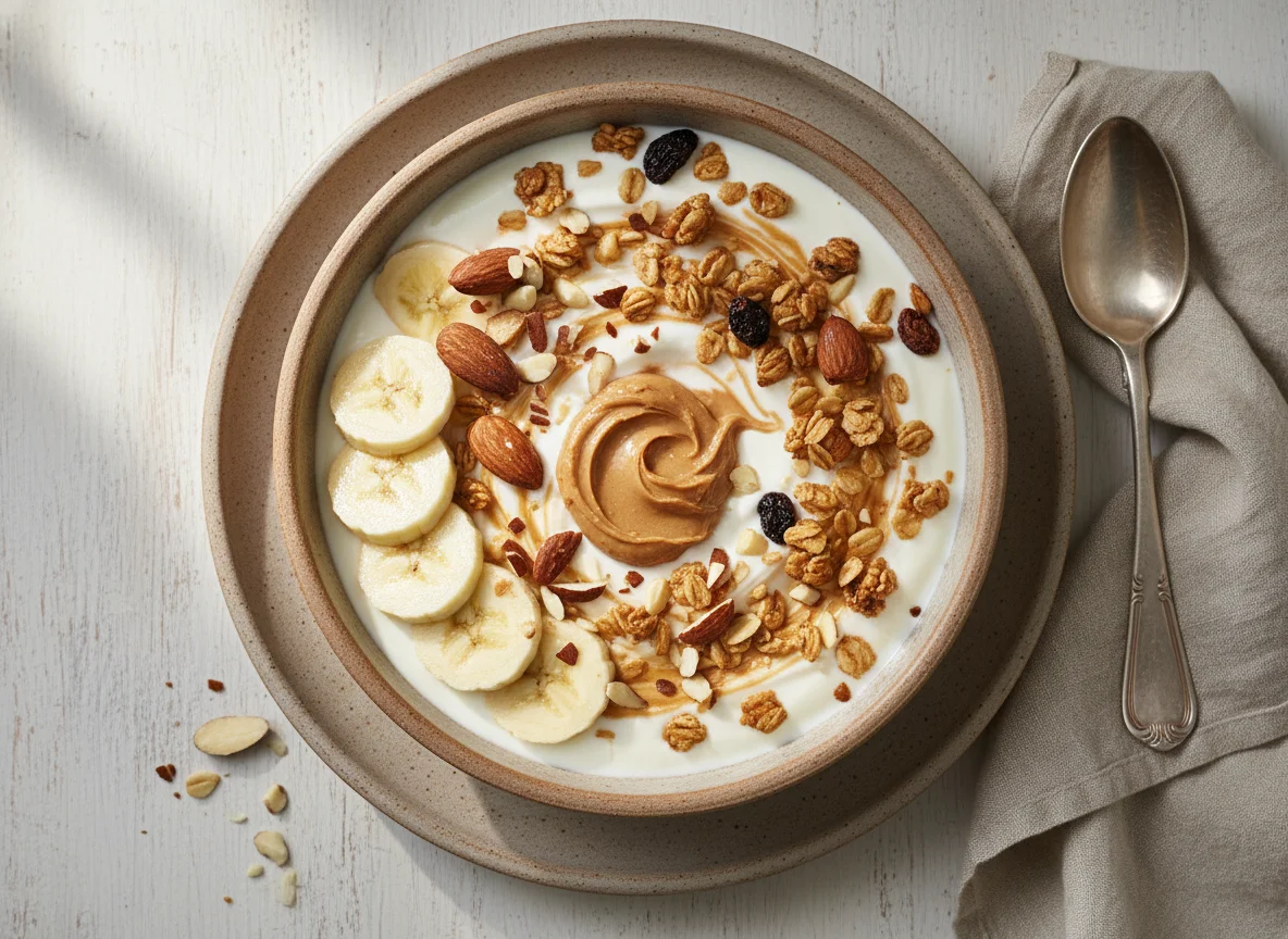 Bol de yogur con granola, plátano, almendras y crema de cacahuete photo