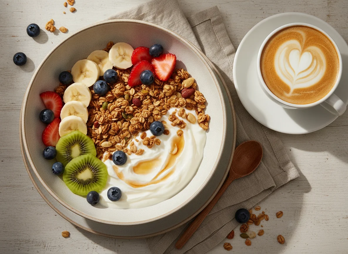 Bol de yogur con granola y frutas frescas photo