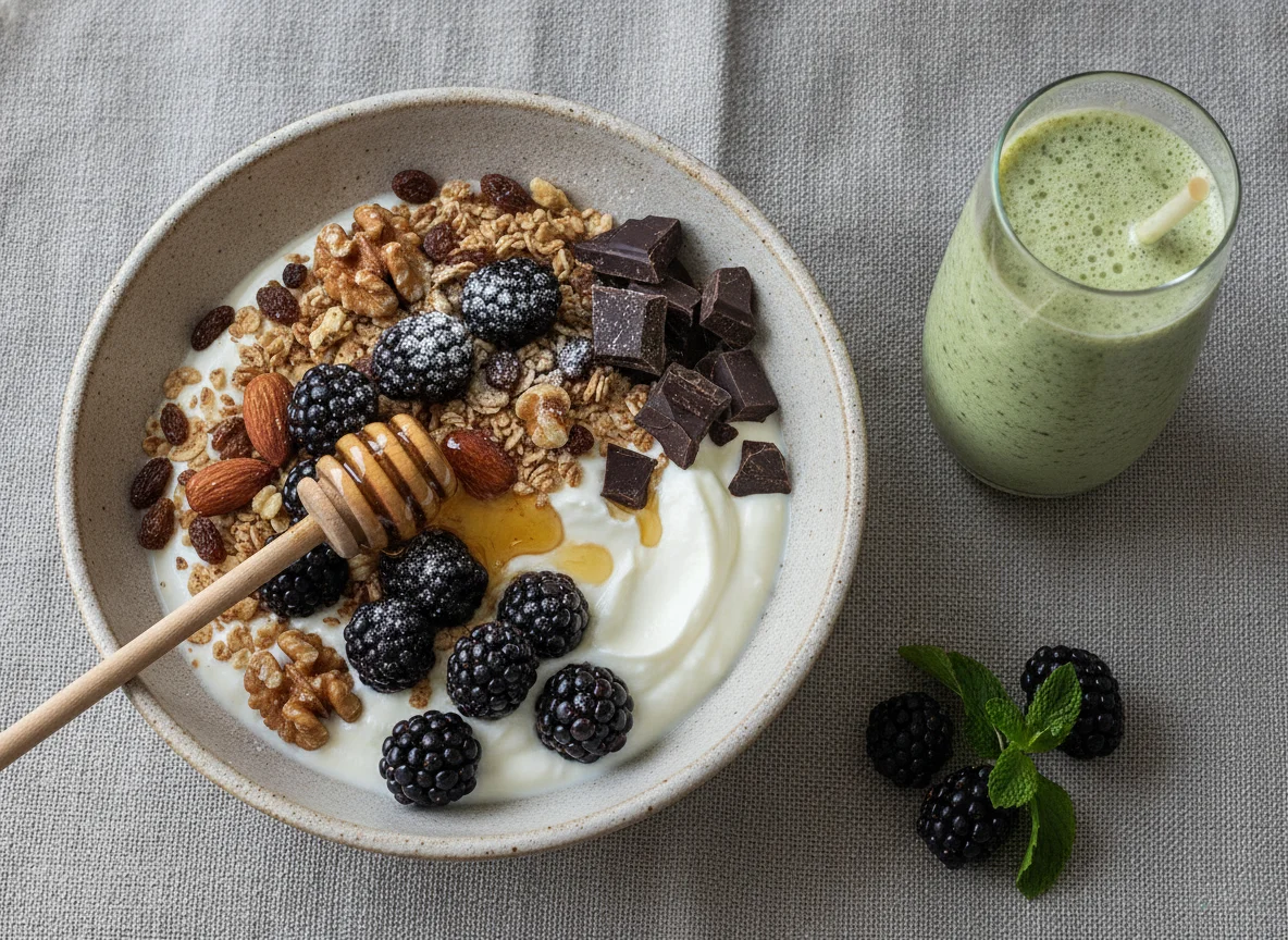 Bol de yogur con muesli, moras y batido verde photo