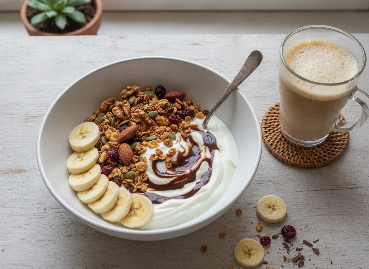 Bol de yogur con muesli, plátano y chocolate con café con leche photo