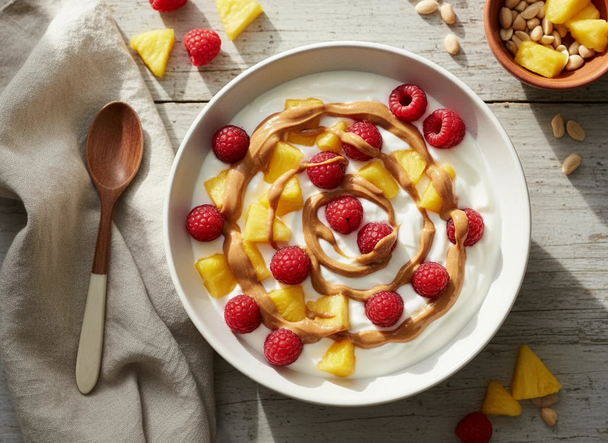 Bol de yogur con piña, frutos rojos y crema de cacahuete photo