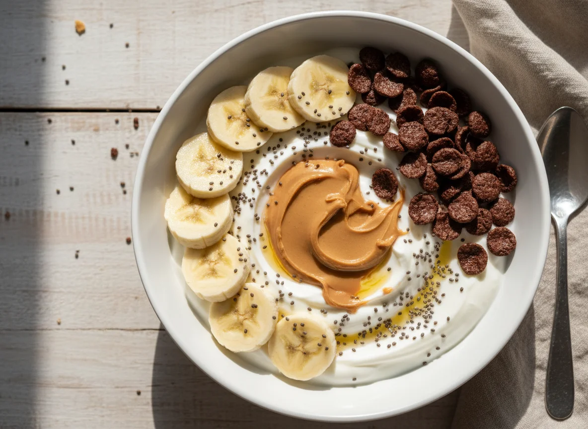 Bol de yogur con plátano, cereales de chocolate y crema de cacahuete photo