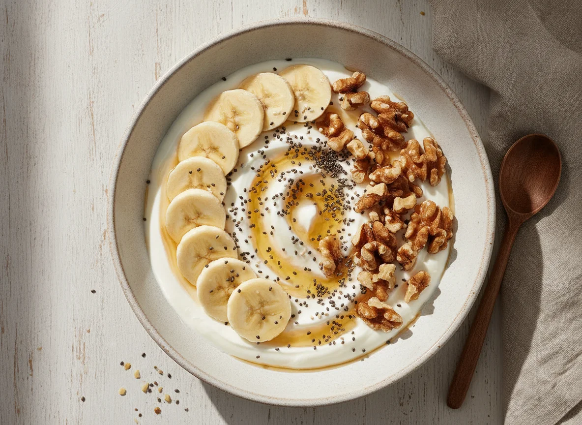Bol de yogur con plátano, chía y nueces photo
