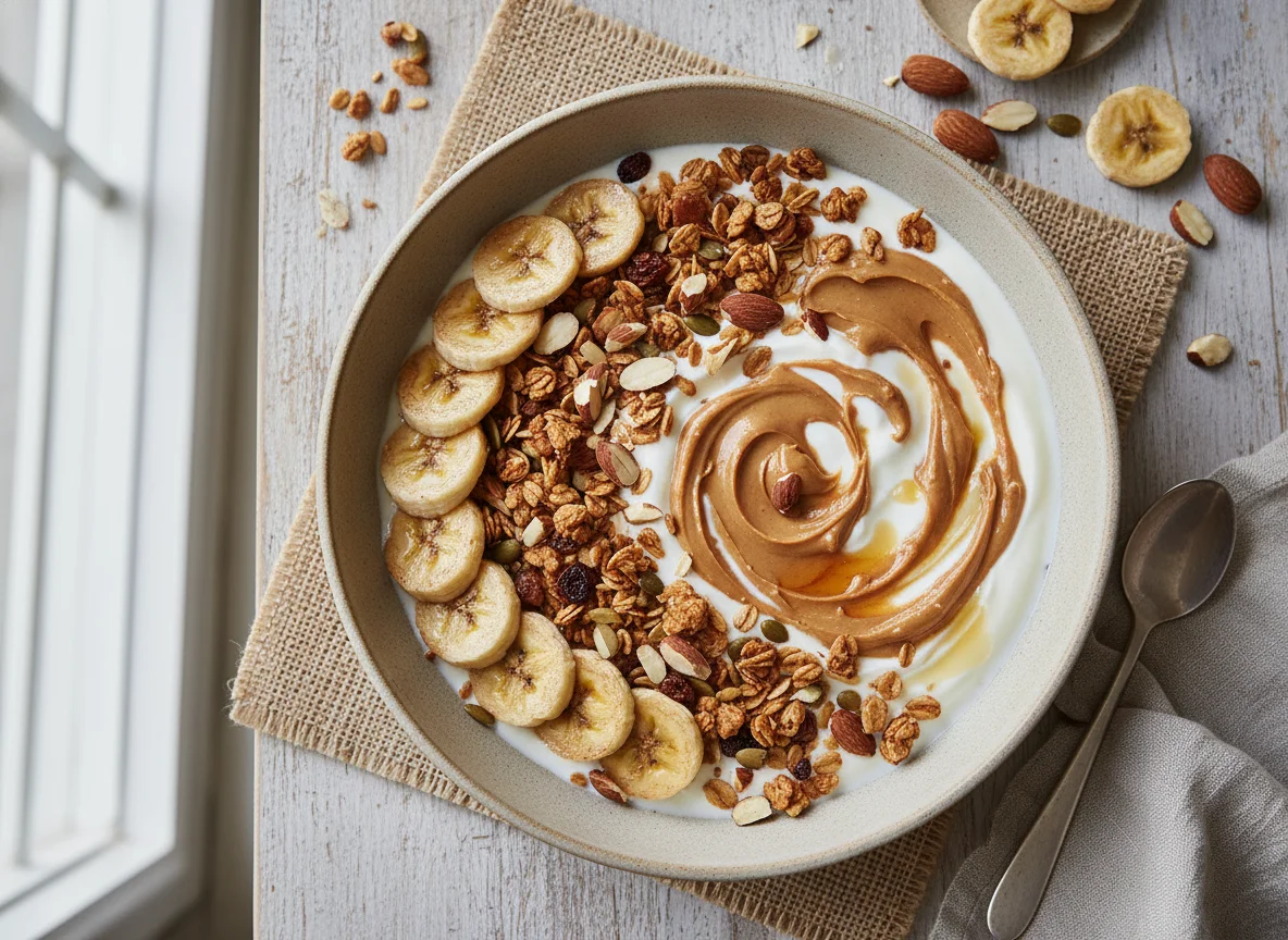 Bol de yogur con plátano, granola, almendras y crema de cacahuete photo