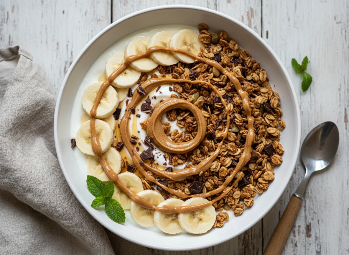 Bol de yogur con plátano, granola, chocolate y crema de cacahuete photo
