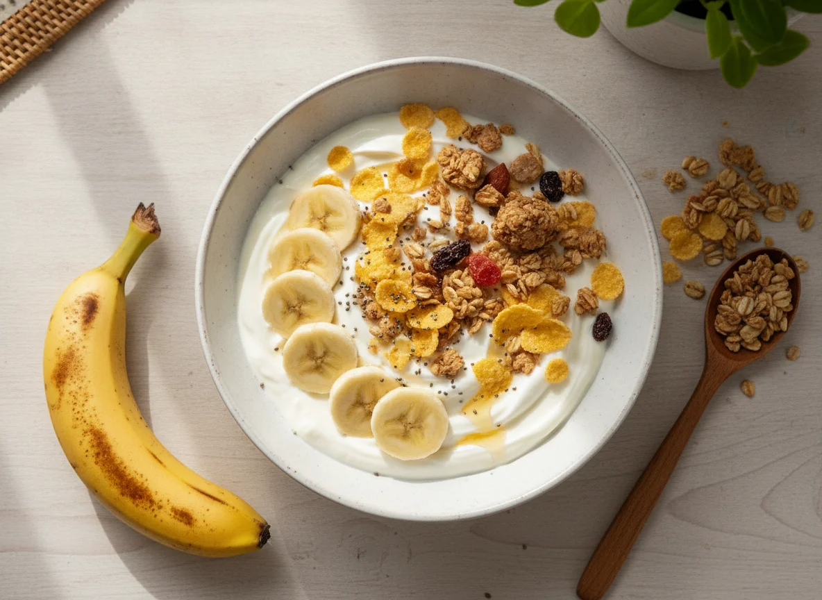 Bol de yogur con plátano y cereales photo