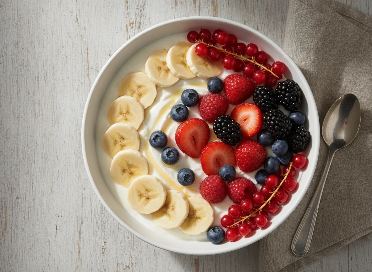 Bol de yogur con plátano y frutos rojos photo