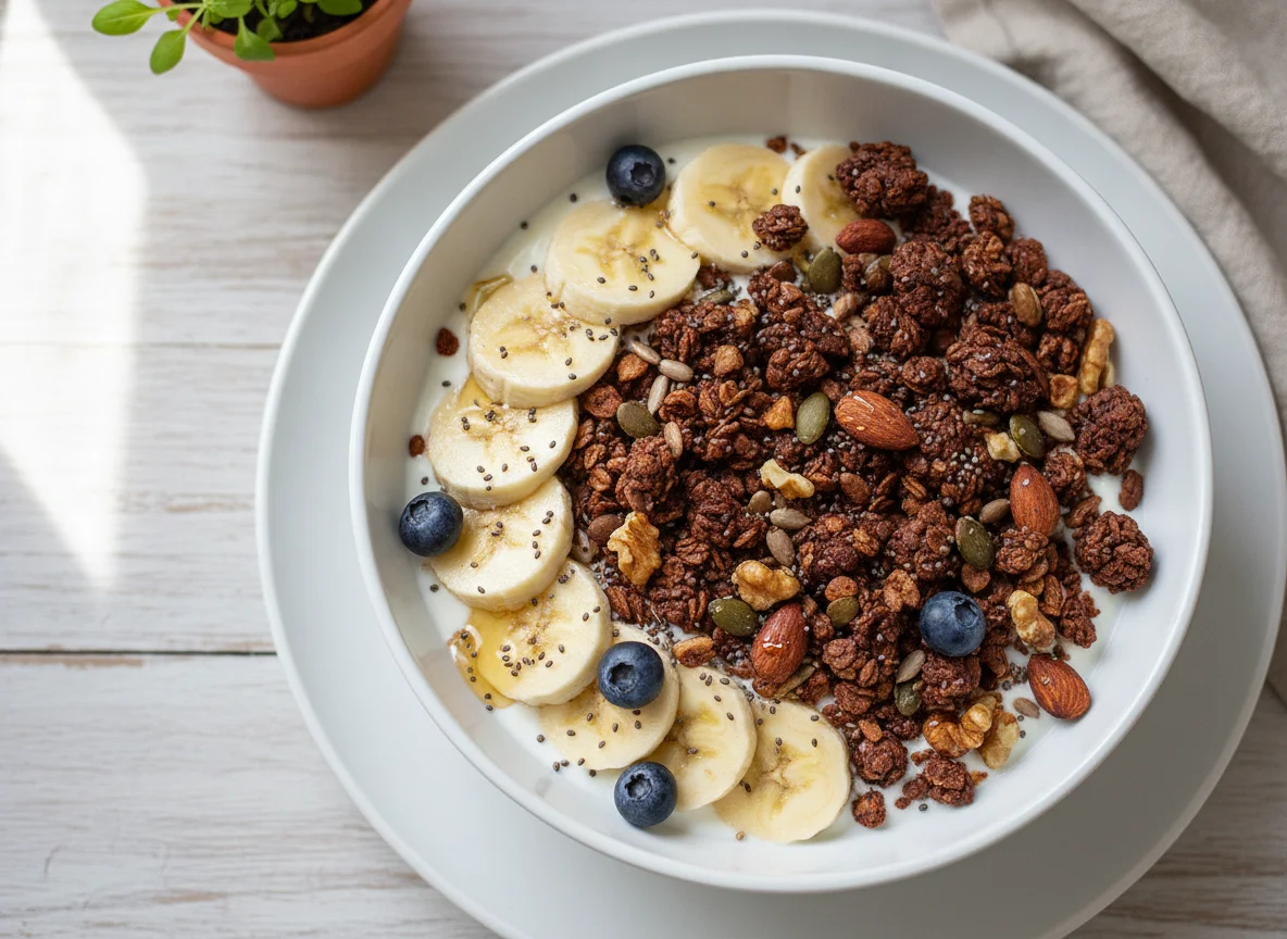 Bol de yogur con plátano y granola photo