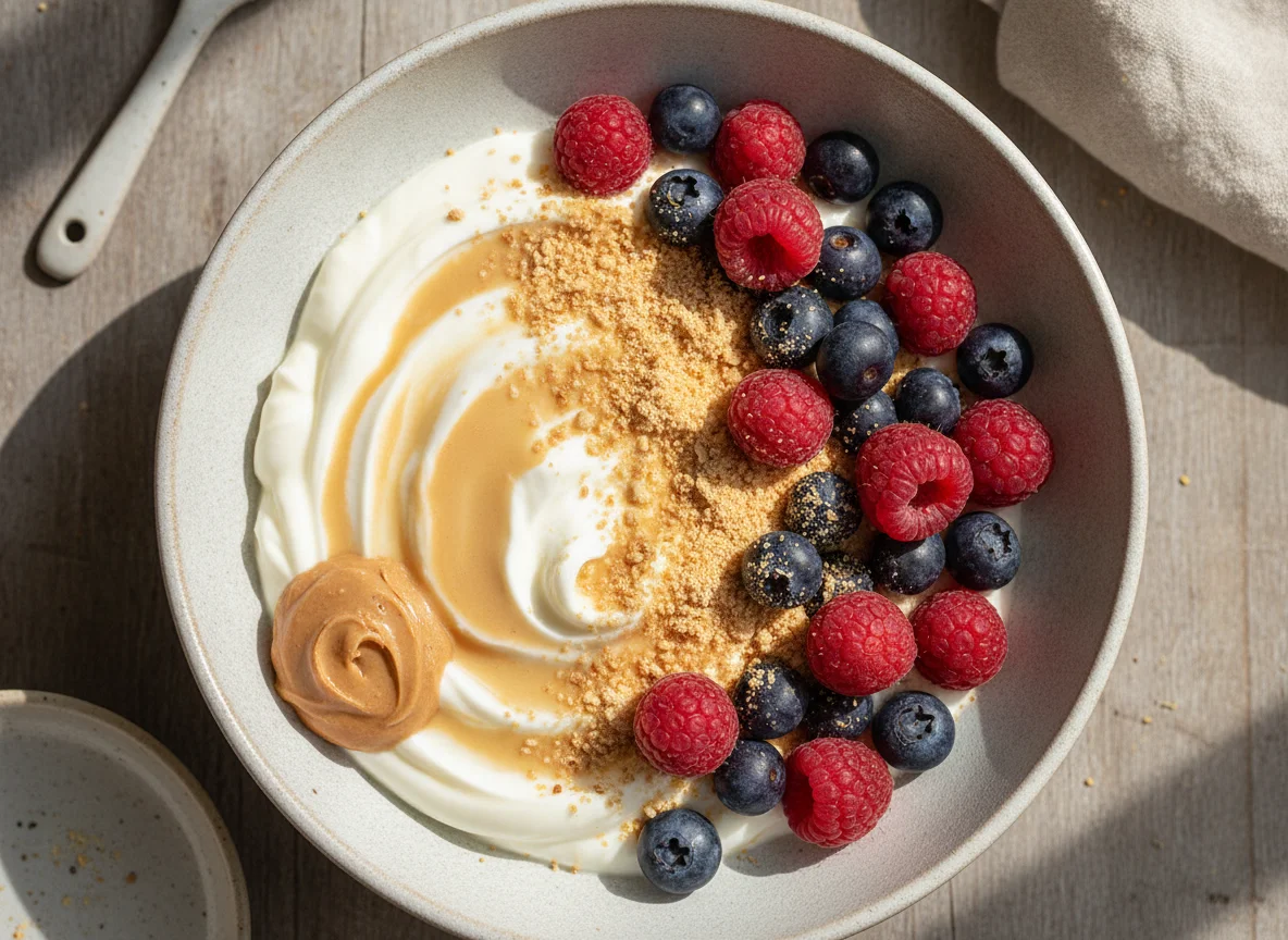 Bol de yogur con proteína, frutos rojos y cacahuete en polvo photo