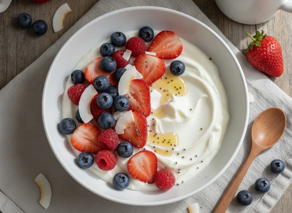 Bol de yogur de coco con frutos rojos photo