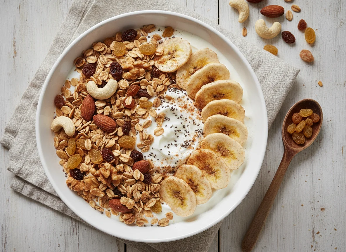 Bol de yogur griego con muesli y plátano photo
